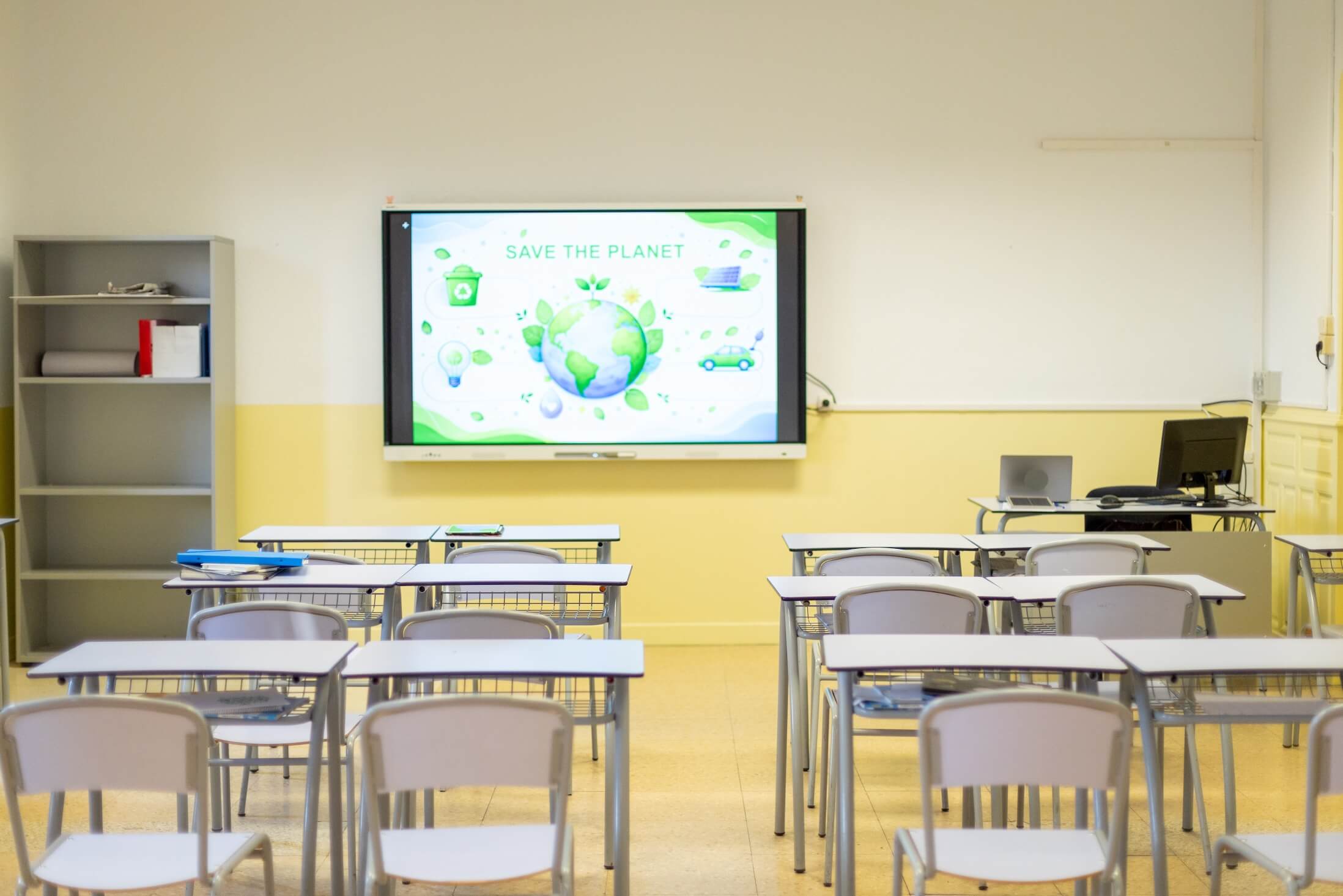 Empty,Classroom,With,An,Interactive,Whiteboard,Displaying,A,Save,The