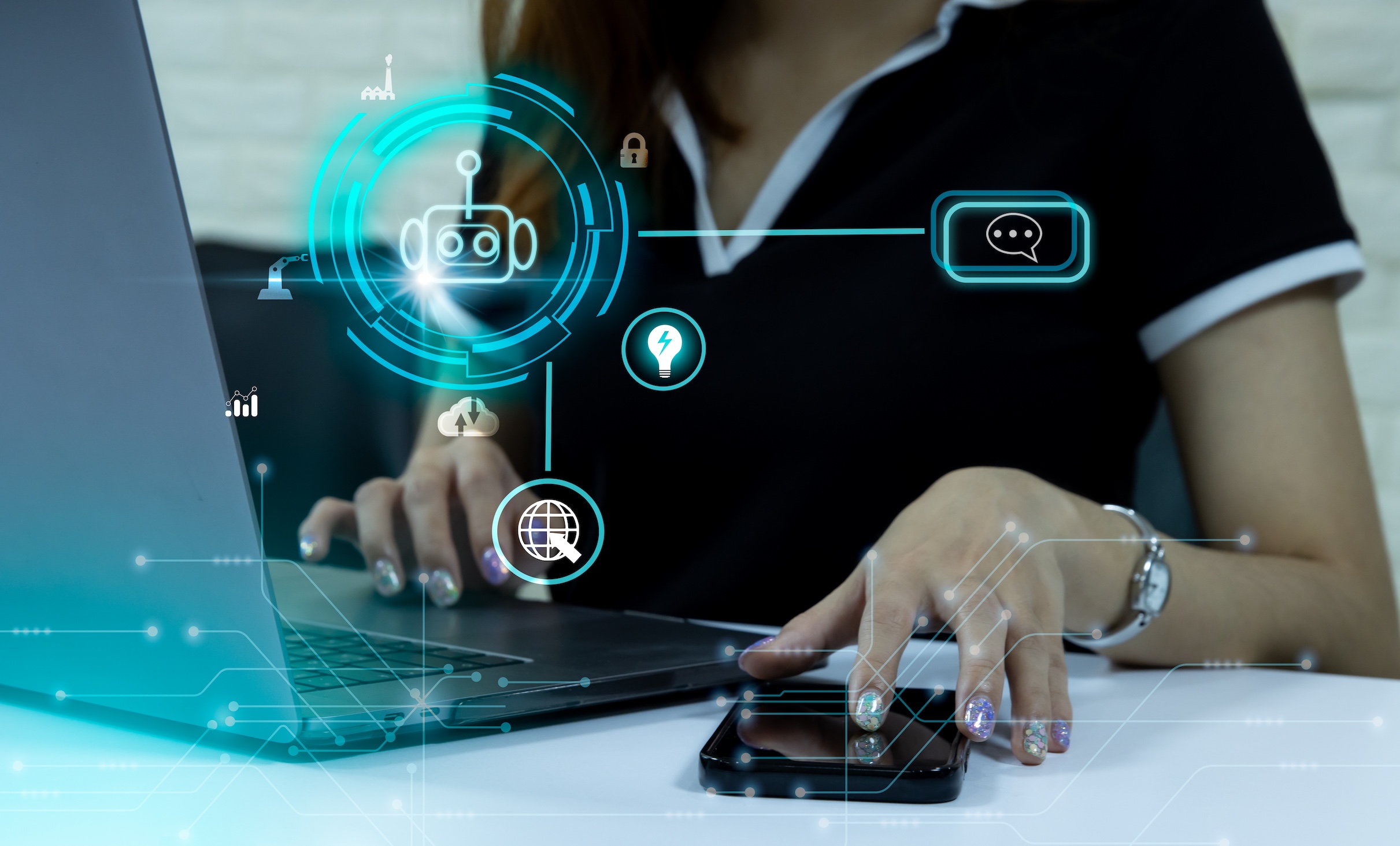 Technology,And,Future,Lifestyle.,Woman,Using,Laptop,Computer,And,Smartphone