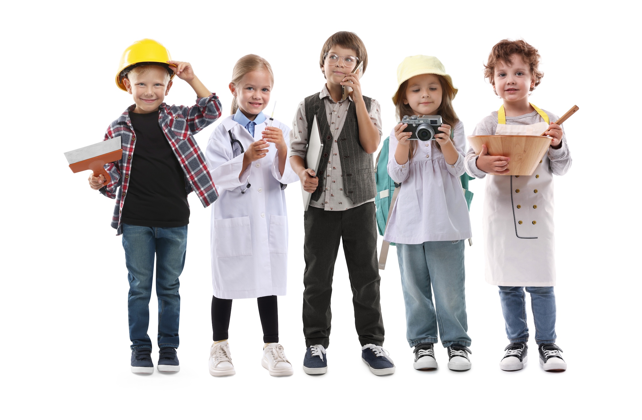 Choice,Of,Future,Profession.,Happy,Children,Dressed,As,Workers,In
