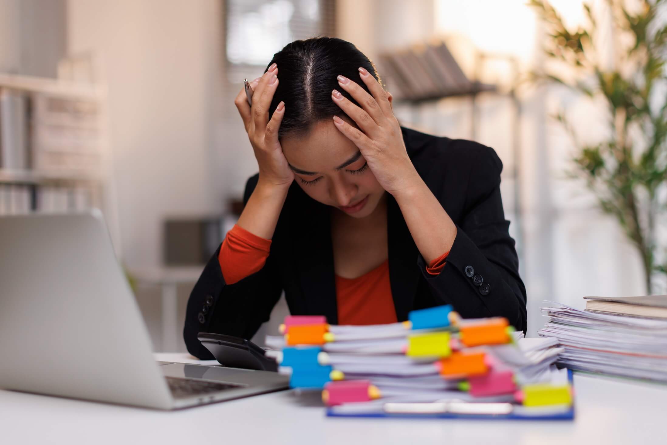 Asian,Business,Woman,Headache,Sad,Stressed,Because,Of,Work,Mistake