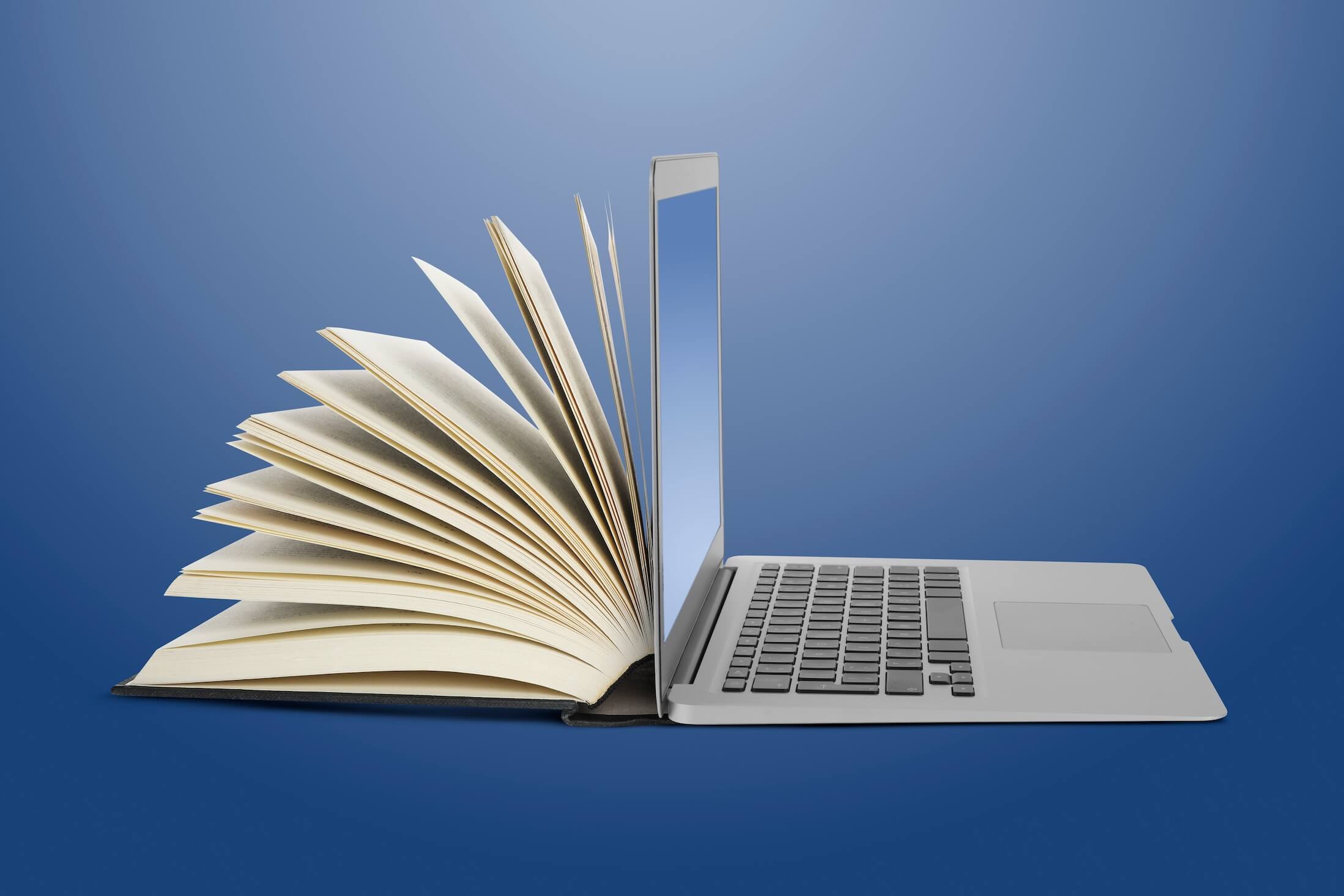 Open,Book,And,Laptop,On,Blue,Gradient,Background.,E-learning,,Internet