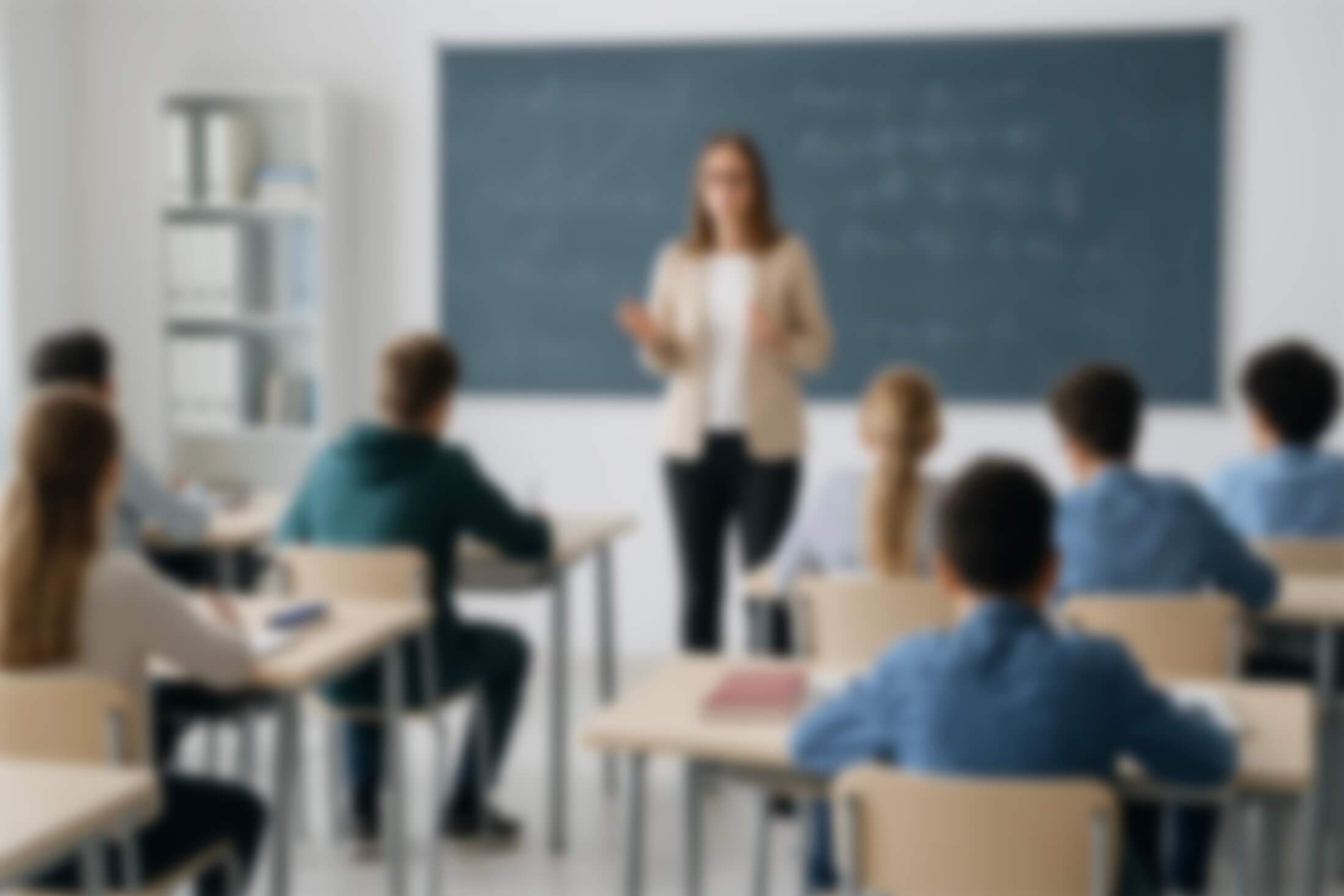 Blurred,Teacher,Explaining,Lesson,To,Attentive,Students,In,Modern,Classroom